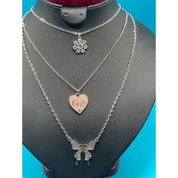 Guess Silver Logo Pave Butterfly Heart Pave Flower Charm 3 Strand Chain Necklace - Picture 4 of 6